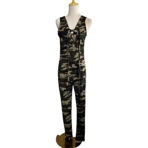 Peachy Girl Jumpsuit Large Camouflage Lace Up Sleeveless Stretch One Piece